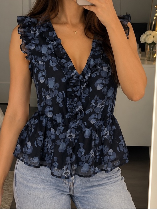 Banana Republic Tops - Banana Republic Navy Blue Floral Ruffled Sleeveless Blouse